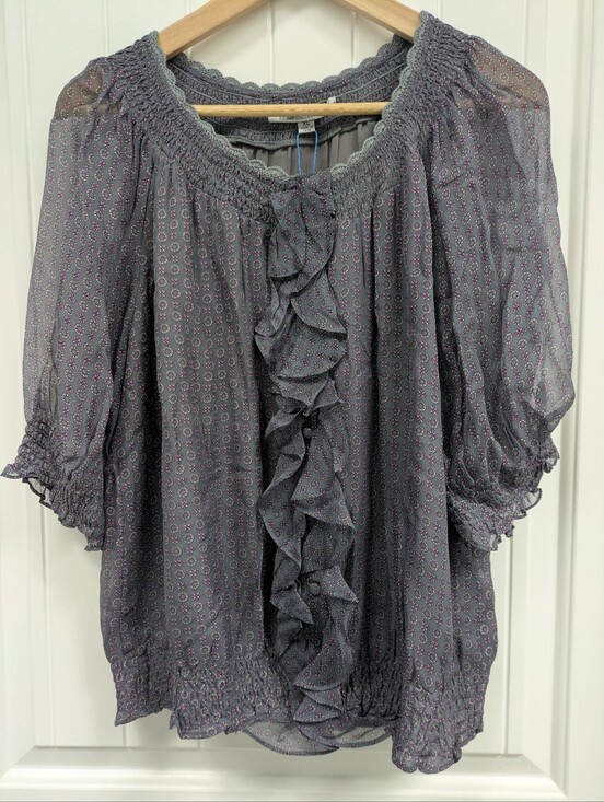Blue Tassel Tops - Blue Tassel Silk Chiffon Ruffle Front Peasant Blouse -Anthropologie Brand